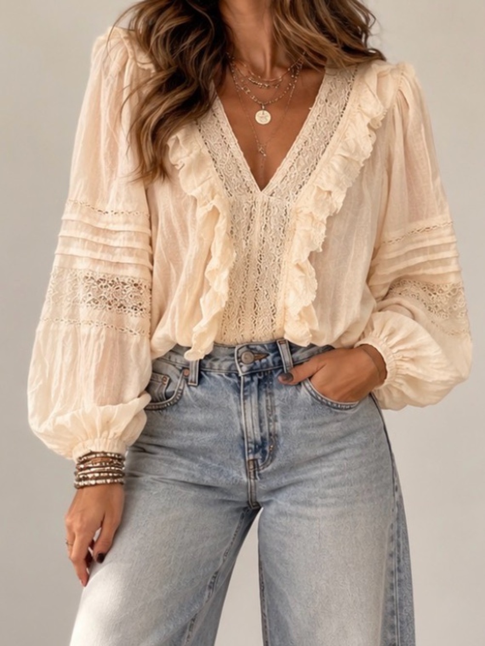 American Eagle Outfitters Cream Lace-Trim V-Neck Peasant Blouse